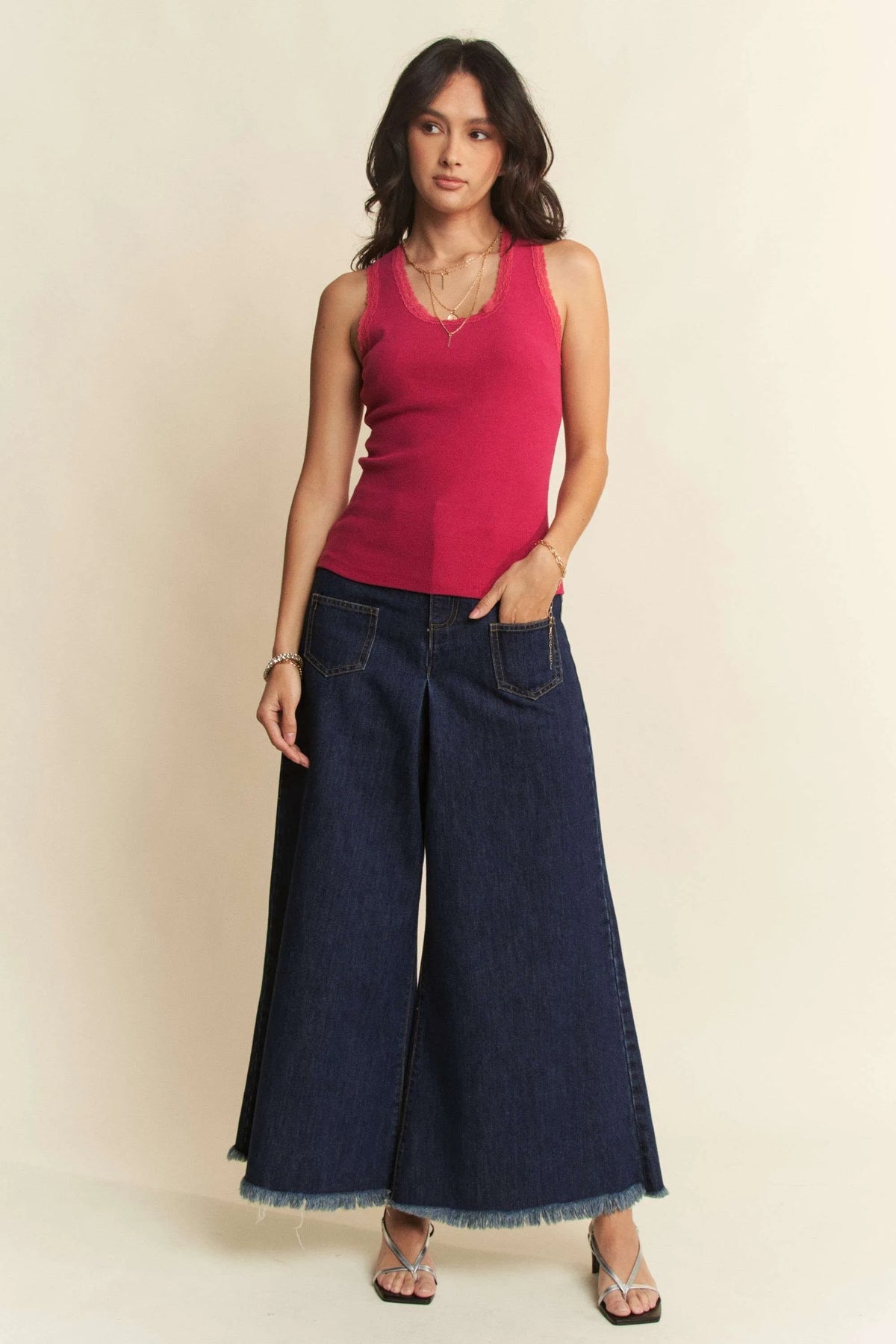 Davi & Dani Patch Pocket Wide Leg Culotte Jeans - Ladyez