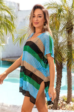 Angel Wings Openwork Striped V-Neck Short Sleeve Cover Up - Ladyez