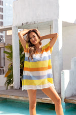 Angel Wings Openwork Striped V-Neck Short Sleeve Cover Up - Ladyez