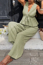 Striped Sleeveless Top and Wide Leg Pants Set
