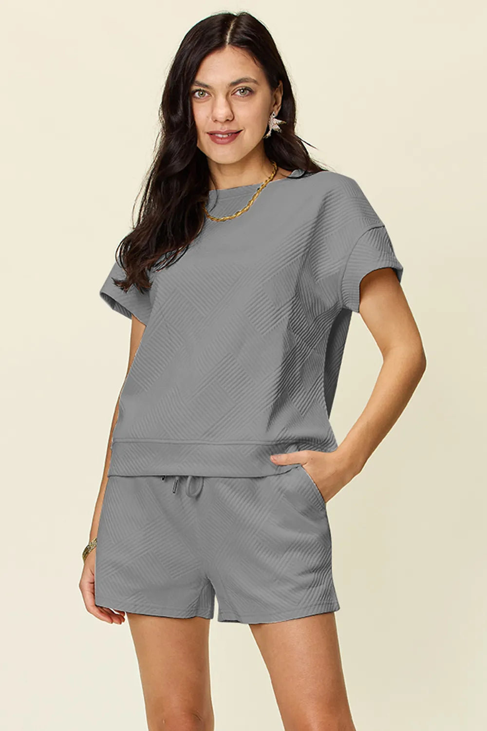Double Take Full Size Texture Short Sleeve T-Shirt and Drawstring Shorts Set - Ladyez