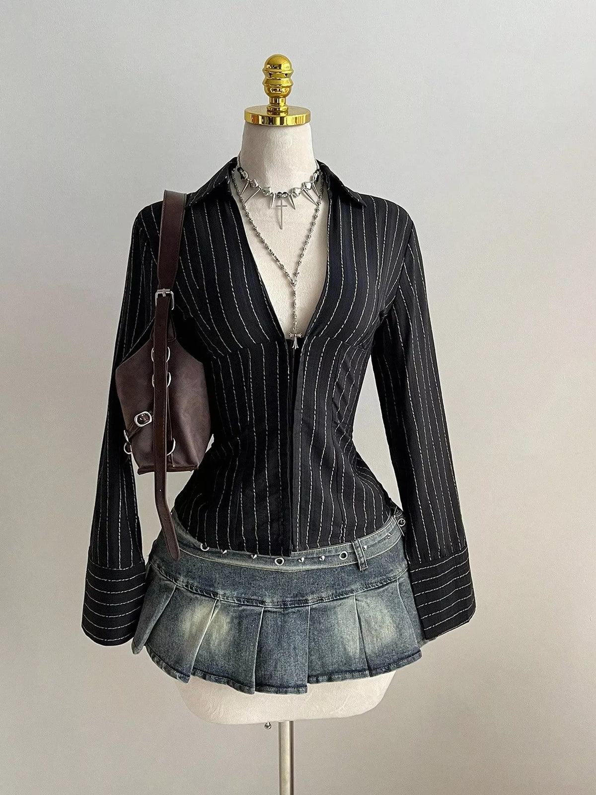 Striped Long Sleeve Fitted Blouse