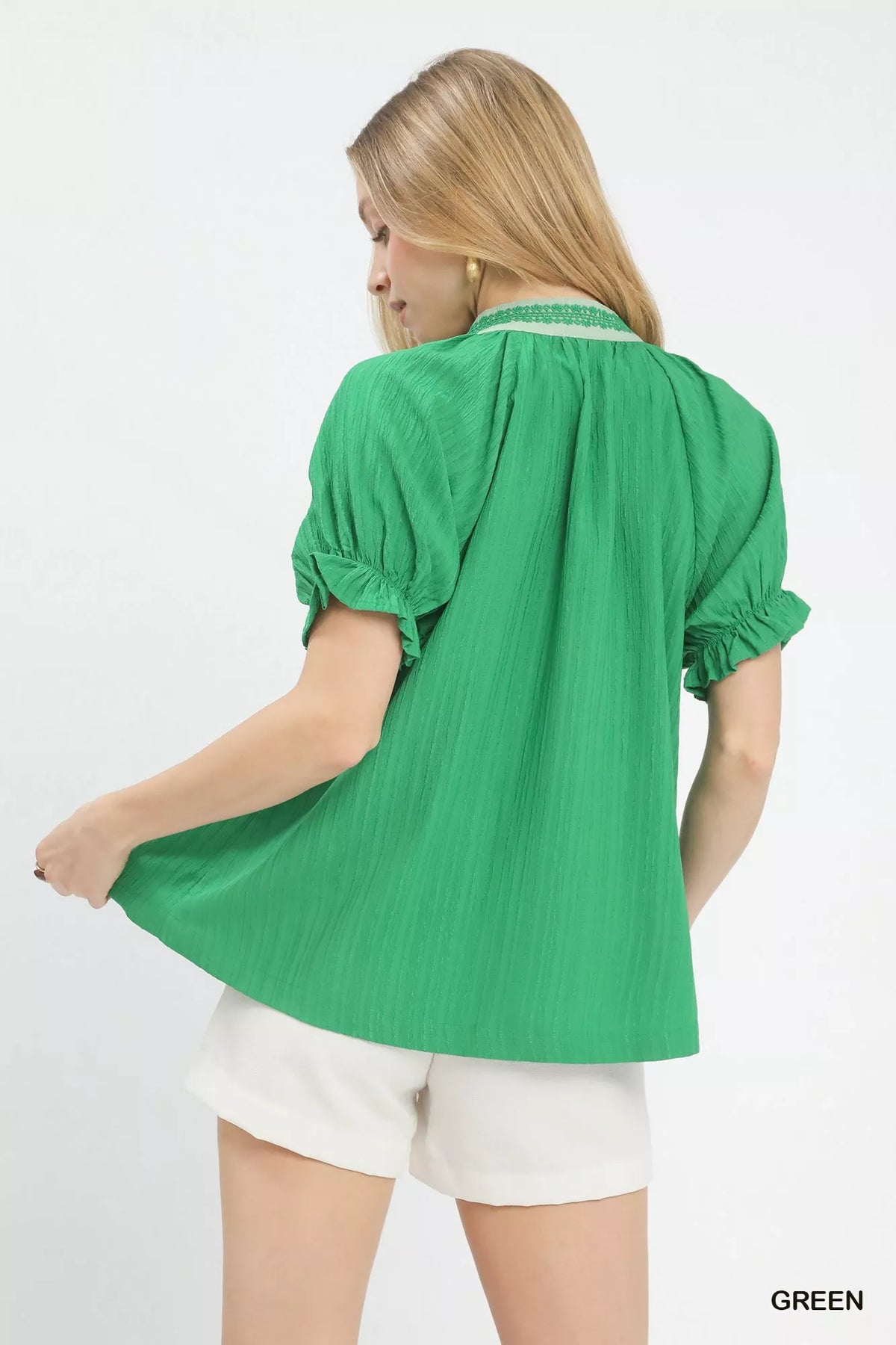 Umgee Textured V-Neck Top with Lace Trim Details
