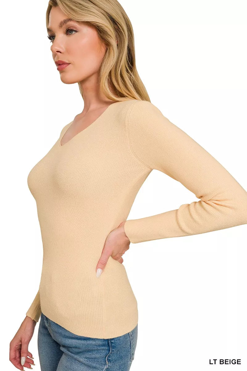 Zenana Viscose Fitted V-Neck Sweater