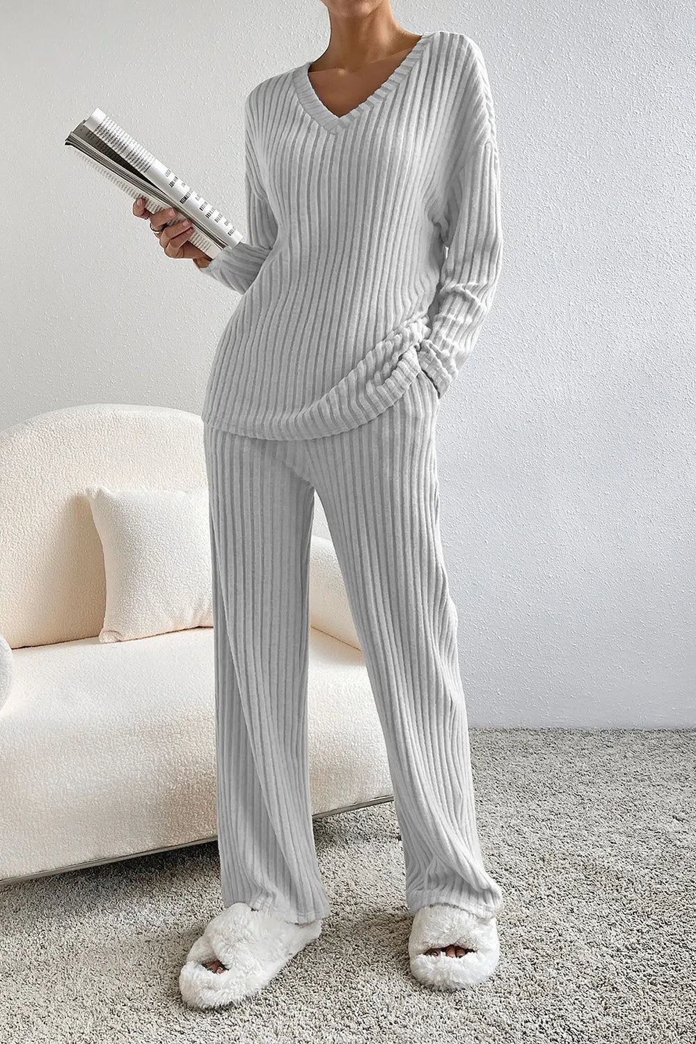 Ribbed V-Neck Top and Pants Lounge Set - Ladyez