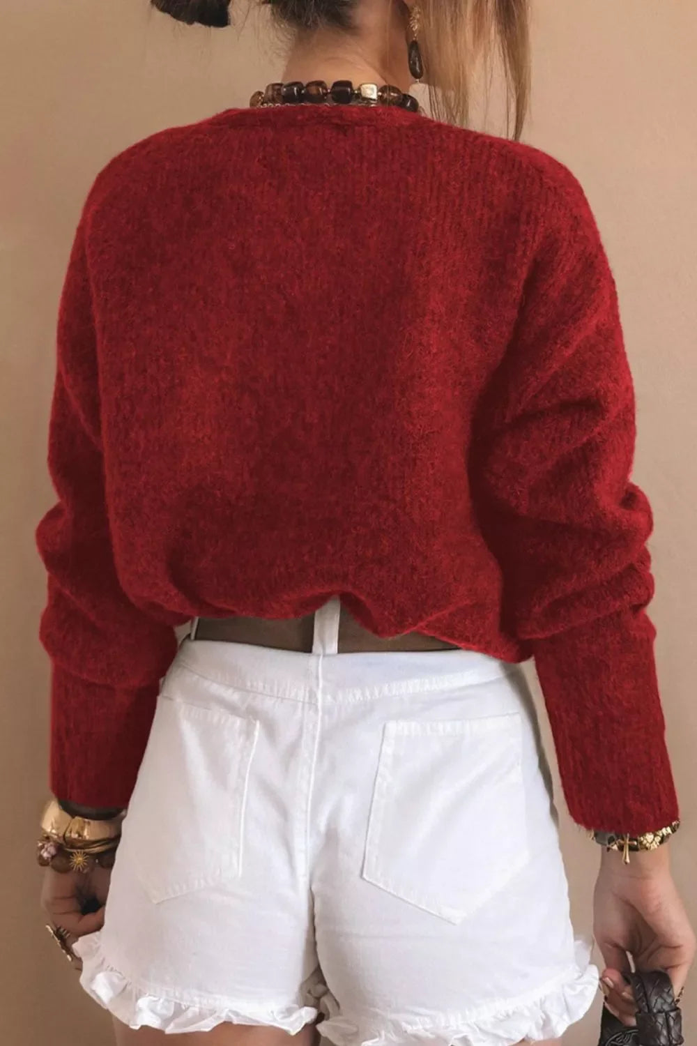 Heart Button Fuzzy Knit Cardigan