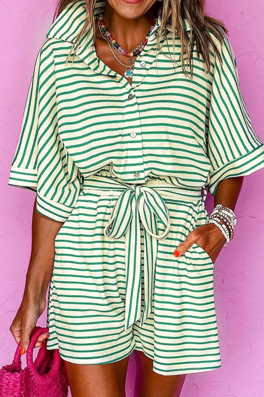Striped Half Sleeve Tie Waist Romper - Ladyez
