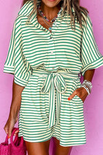 Striped Half Sleeve Tie Waist Romper - Ladyez