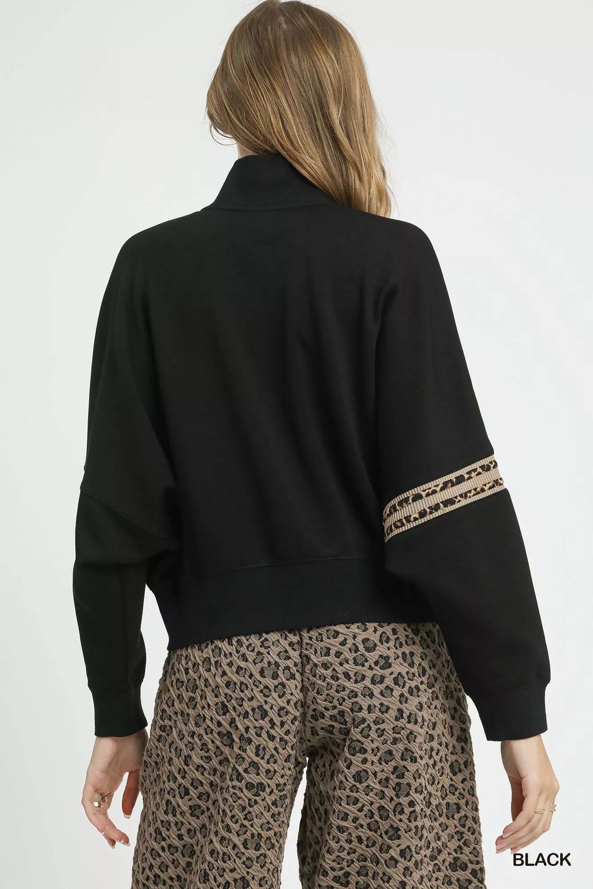 Umgee Zipper Up Cropped Jacket with Leopard Trim