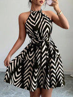 Zebra Print Halter Neck Tie Waist Ruffle Hem Dress