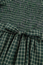 Plaid Square Neck Shirred High Waist Ruffle Hem Maxi Dress