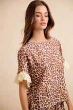 BiBi Leopard and Eyelet Lace Ruffled Top and Shorts Set
