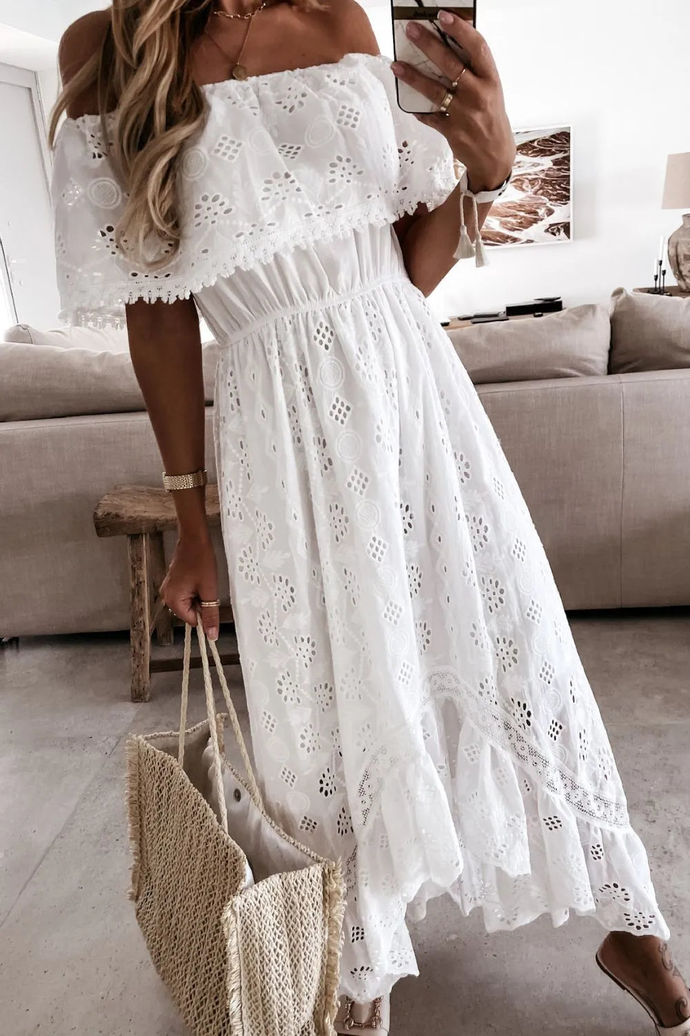 Off Shoulder Eyelet Lace Maxi Dress - Ladyez