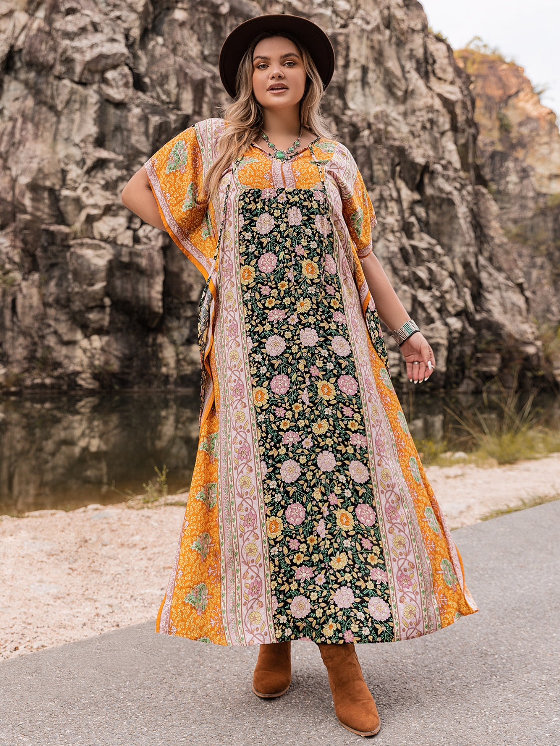 Plus Size Tie Neck Maxi Dress - Ladyez