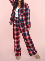 Plaid Collared Neck Button Up Top and Pants Lounge Set - Ladyez