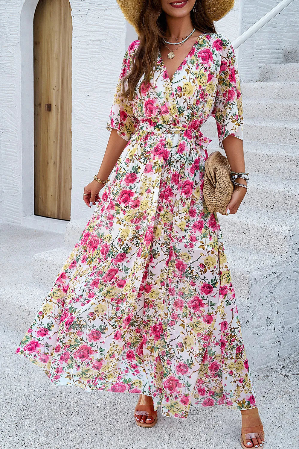 Devine Printed Tied Half Sleeve Slit Dress - Ladyez
