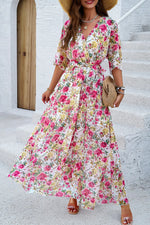 Devine Printed Tied Half Sleeve Slit Dress - Ladyez