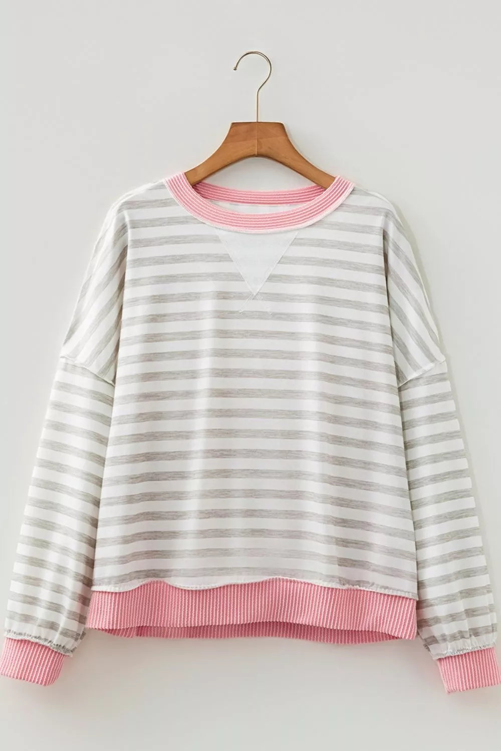 Twisted Rib Trim Striped Round Neck Loose Pullover Sweatshirt