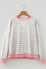 Twisted Rib Trim Striped Round Neck Loose Pullover Sweatshirt