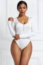 Half Zip Scoop Neck Long Sleeve Bodysuit - Ladyez