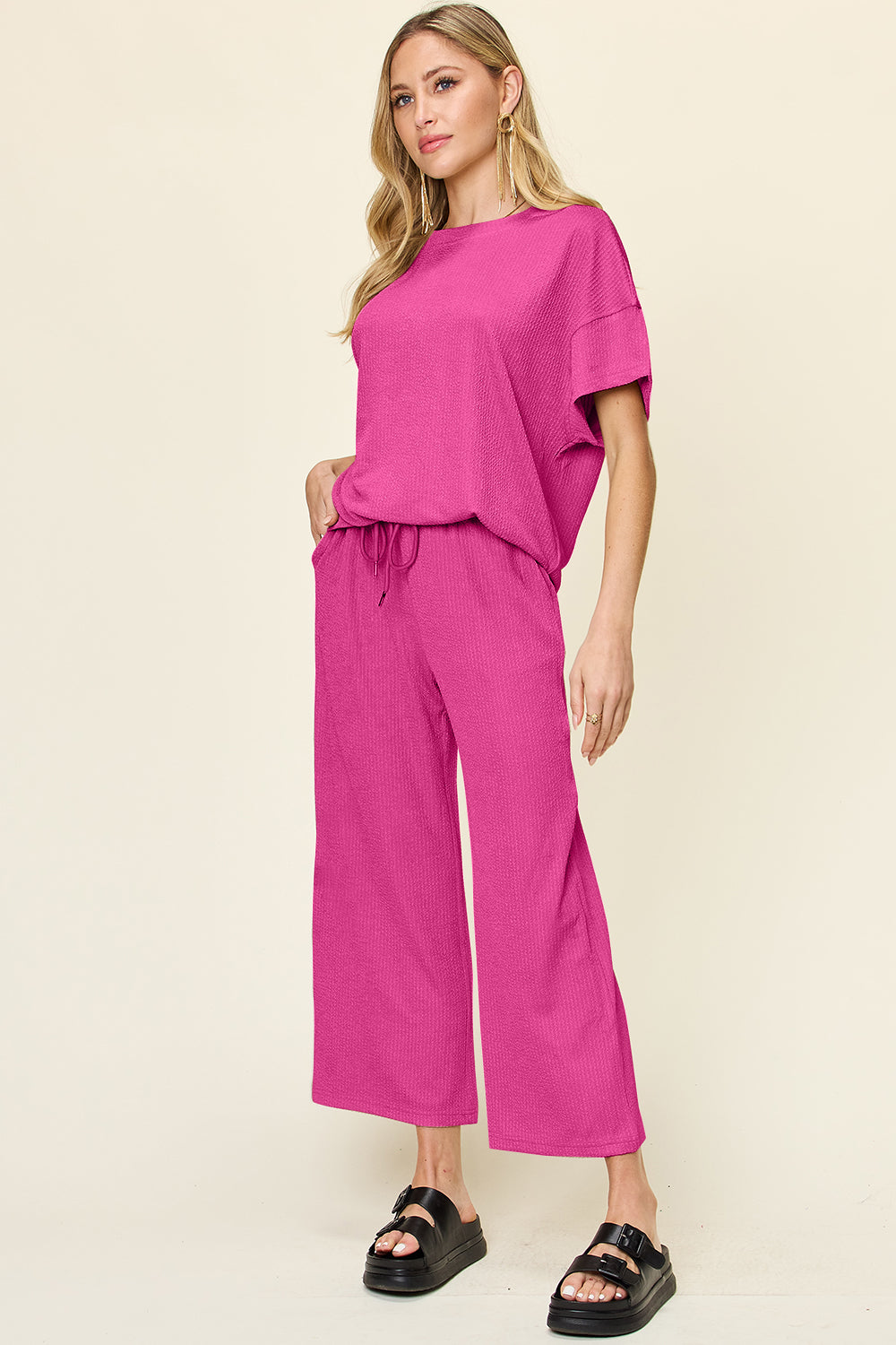 Double Take Full Size Texture Round Neck Short Sleeve T-Shirt and Wide Leg Pants - Ladyez