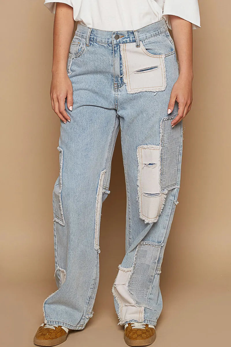 POL Contrast Patched Raw Hem Straight Jeans - Ladyez