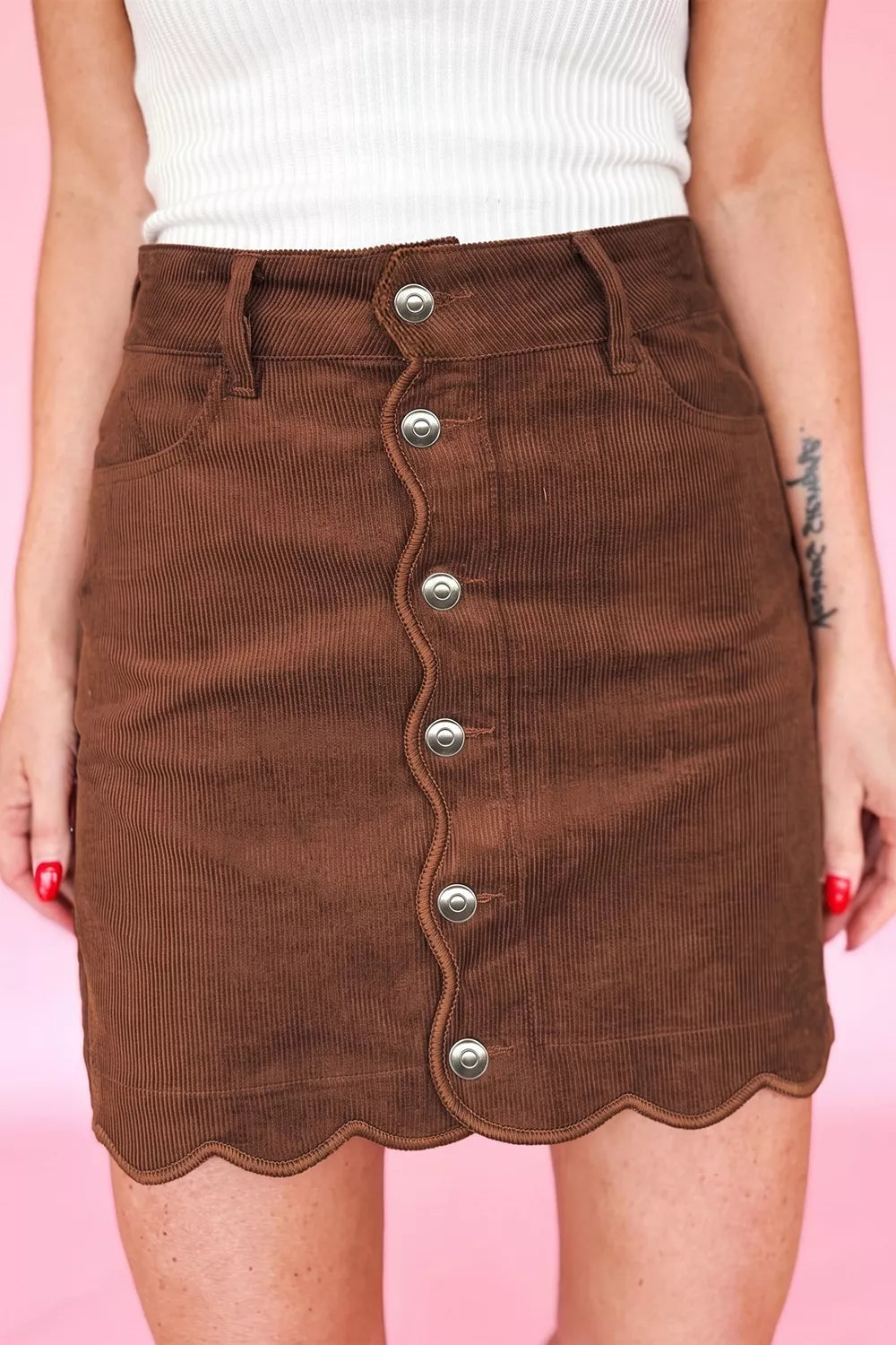 Button Front Corduroy Mini Pockets Sheath Silhouette Skirt