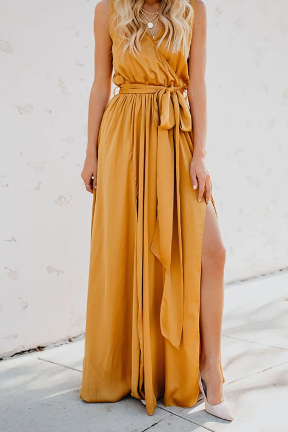 Surplice Tie Waist Maxi Dress - Ladyez