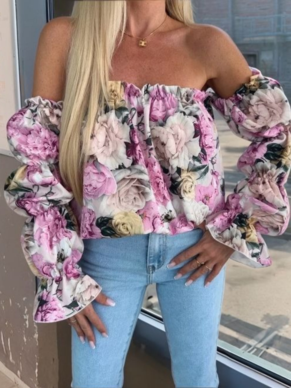 Printed Off-Shoulder Flounce Sleeve Blouse - Ladyez