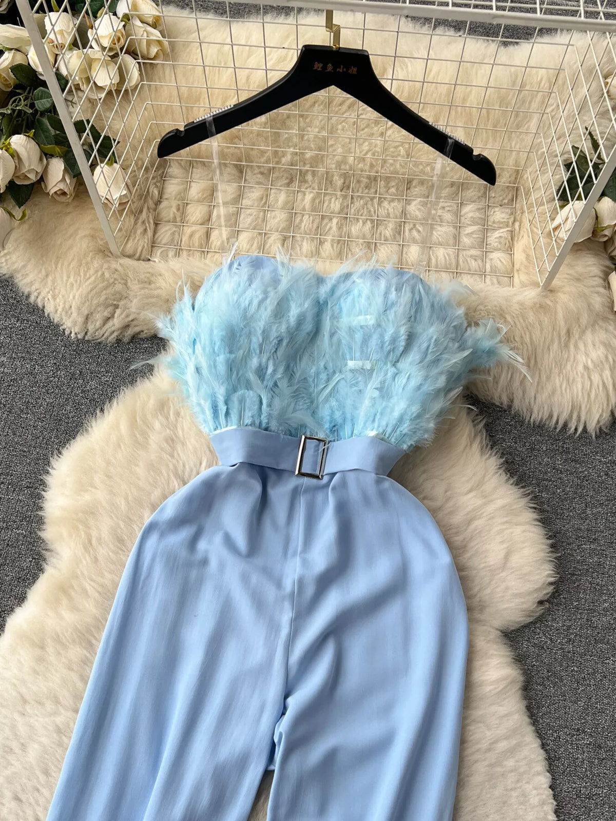 Feather Trim Strapless Wide Leg Jumpsuit