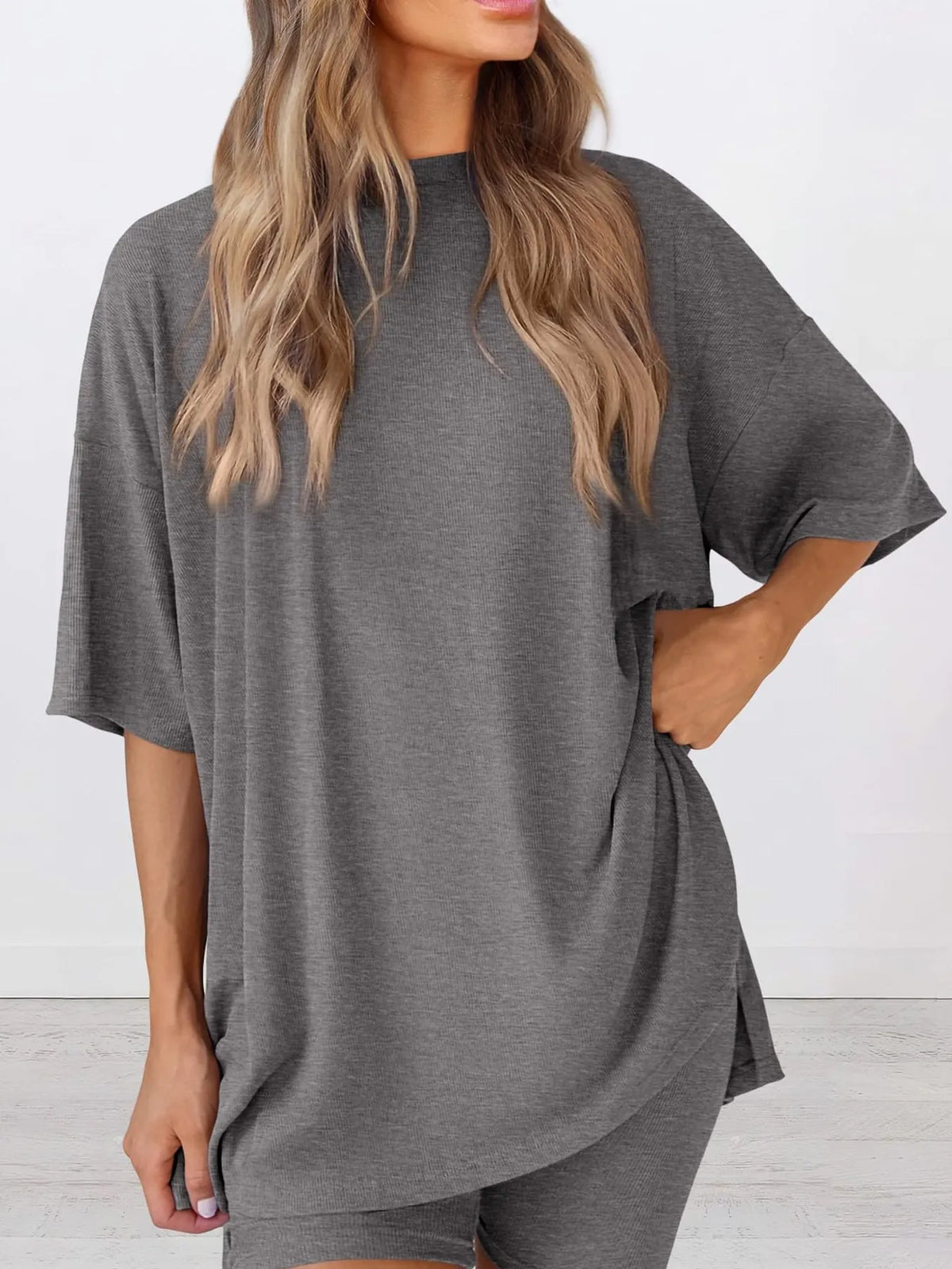 Full Size Oversized Slit Round Neck Top and Shorts Lounge Set Plus Size - Ladyez