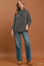 Umgee Dot Print Tie Neck Long Sleeve Blouse