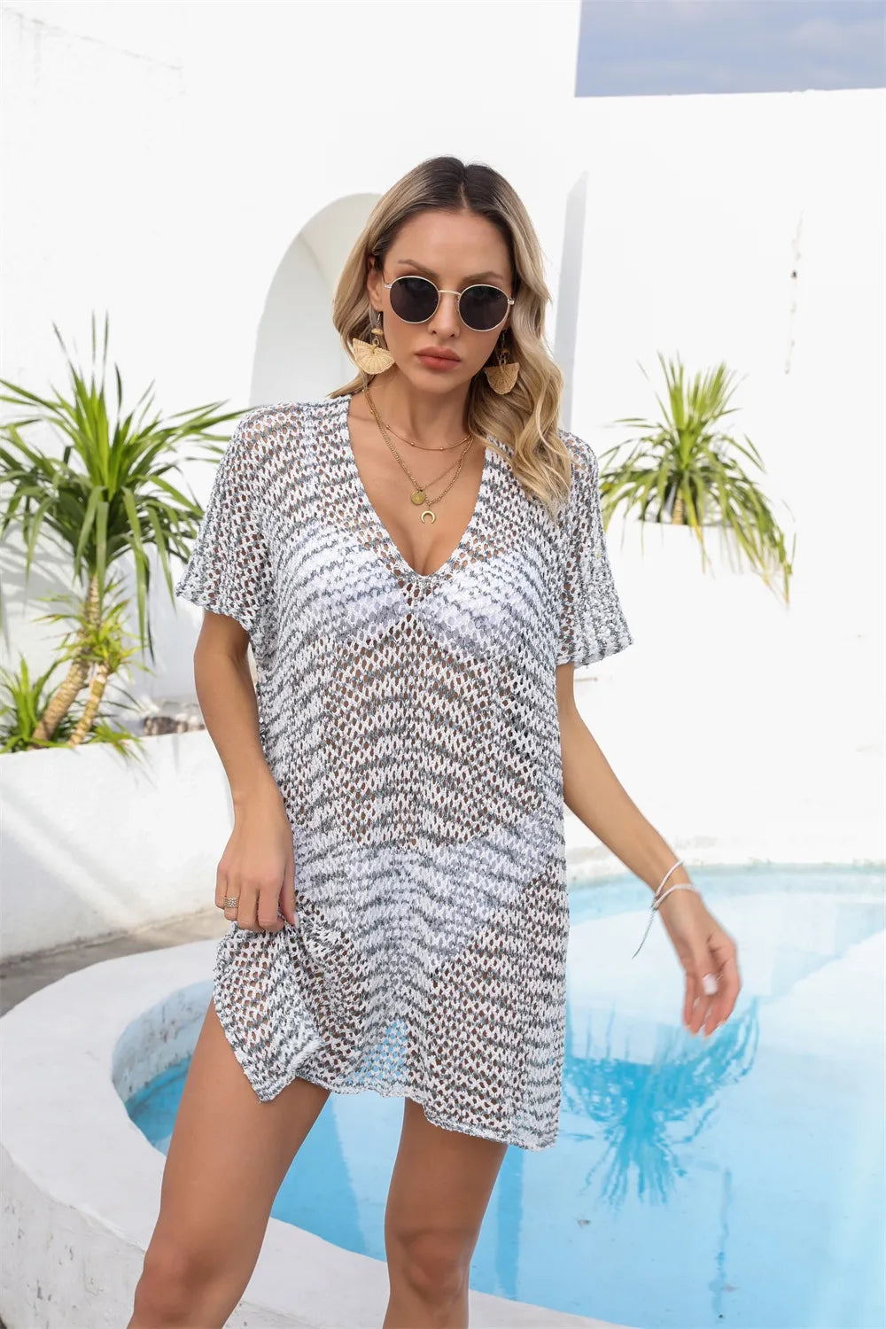 Angel Wings Openwork V-Neck Short Sleeve Cover Up - Ladyez
