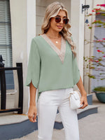 V-Neck Lace Trim Blouse - Ladyez