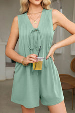 Tie V Neck Pintuck Sleeveless Loose Romper - Ladyez