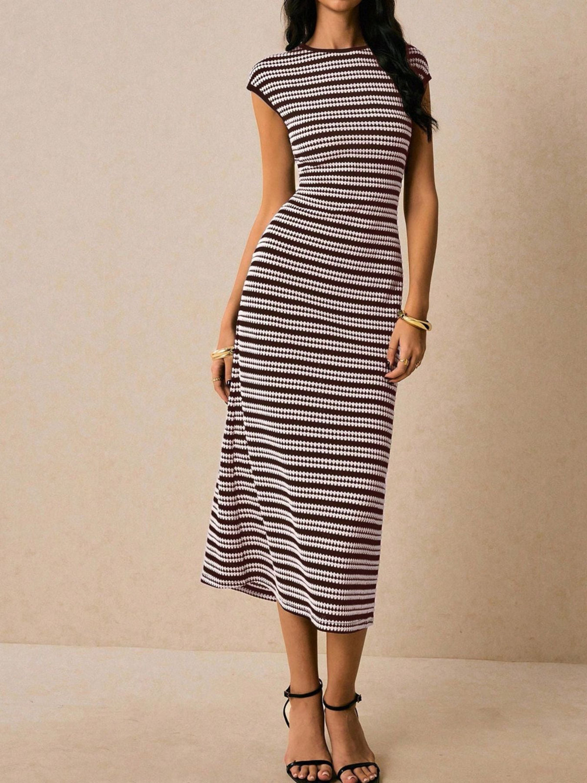 Striped Cap Sleeve Bodycon Midi Dress