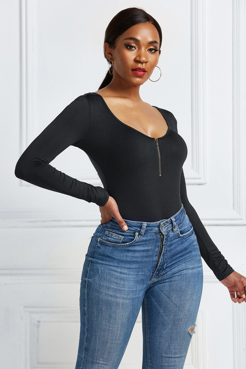 Half Zip Scoop Neck Long Sleeve Bodysuit - Ladyez