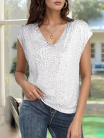 V-Neck Sequin Cap Sleeve Top - Ladyez
