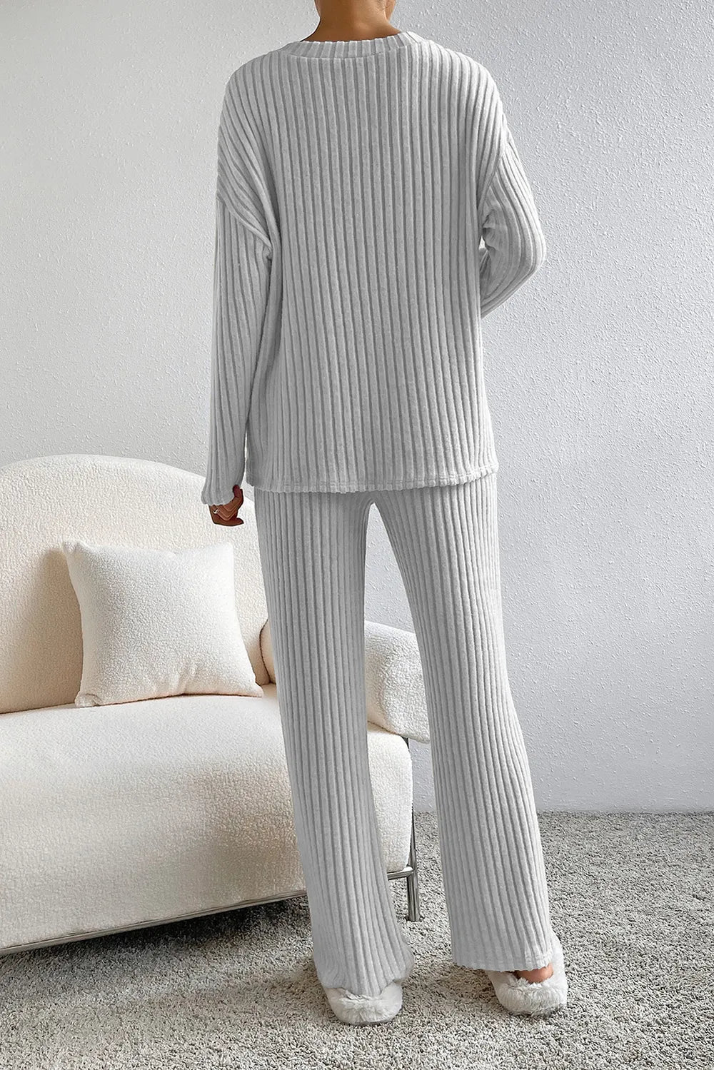 Ribbed V-Neck Top and Pants Lounge Set - Ladyez