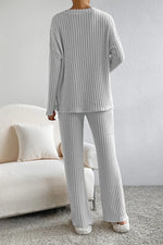 Ribbed V-Neck Top and Pants Lounge Set - Ladyez