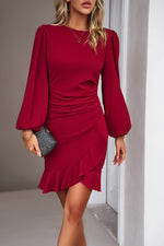 Devine Ruched Ruffled Balloon Sleeve Mini Dress - Ladyez