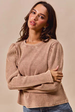 SO ME Mineral Washed Waffle Top With Puff Sleeves