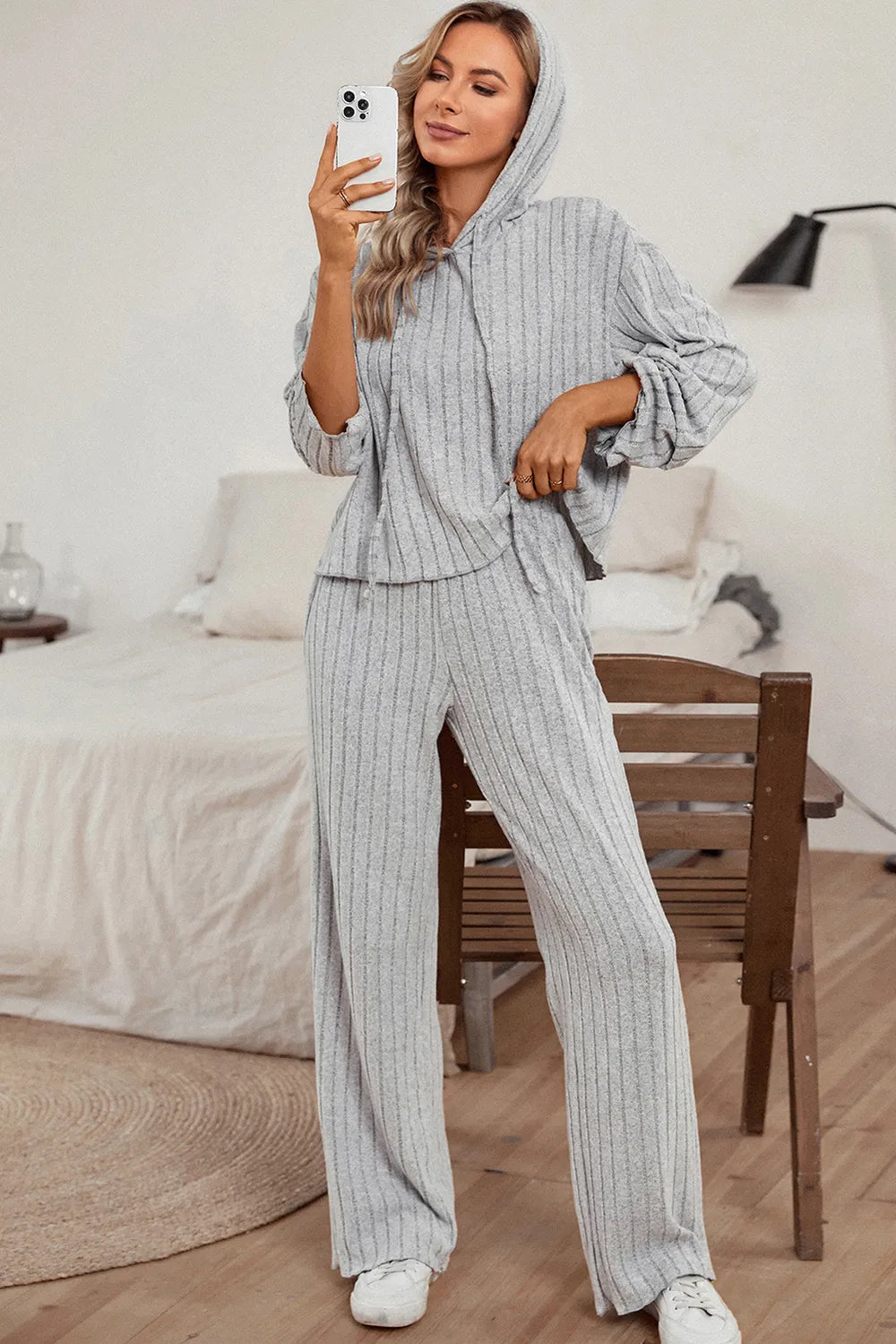 Ribbed Drawstring Hoodie and Pants Lounge Set - Ladyez