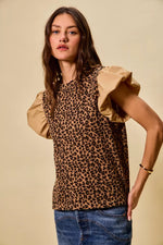 SO ME Leopard Pointelle Knit Top with Puff Sleeves