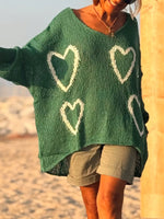 Heart V-Neck Dropped Shoulder Sweater