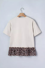 COWGIRL Print Leopard Ruffle Hem Patchwork T Shirt