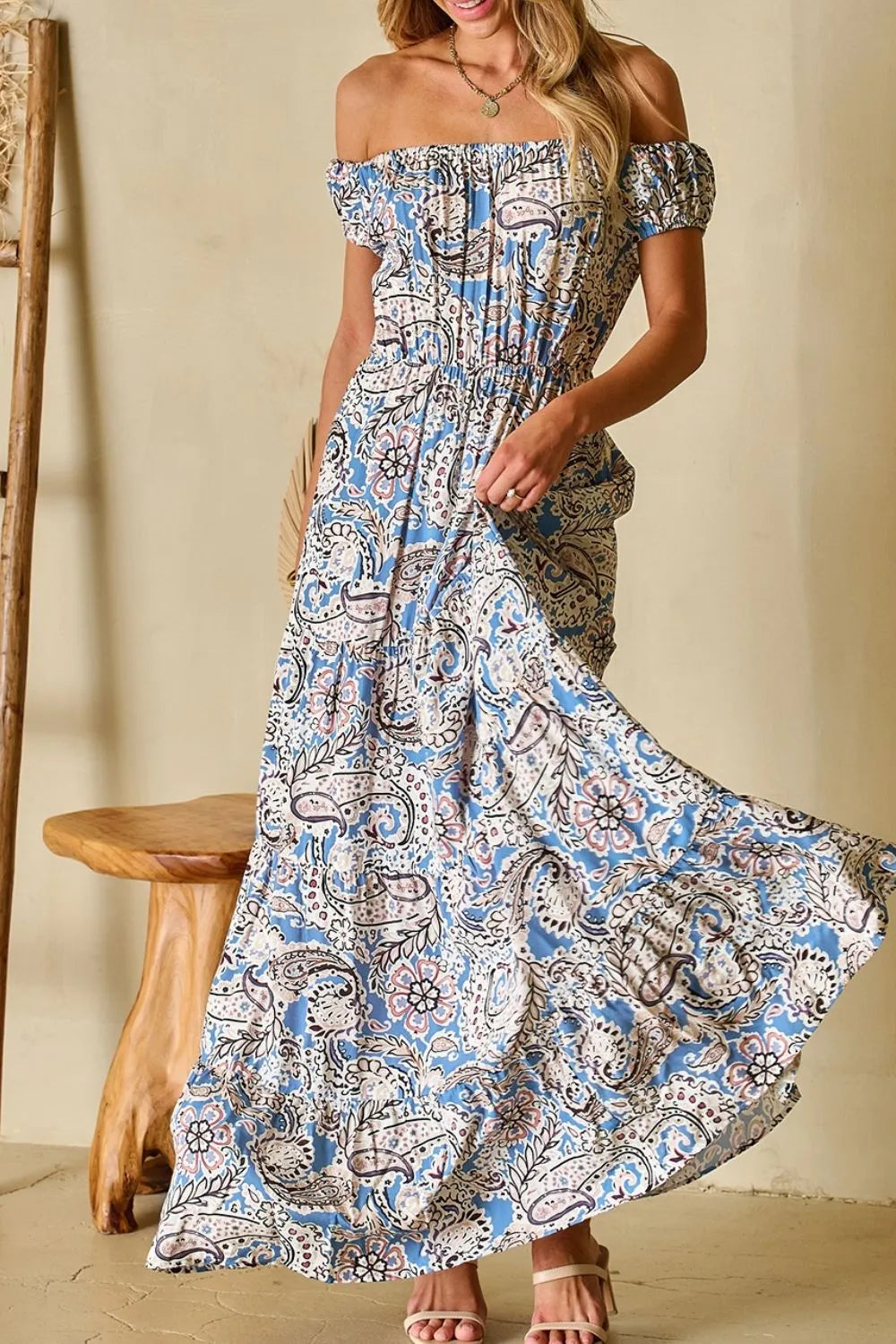 Boho Paisley Print Off Shoulder Maxi Dress