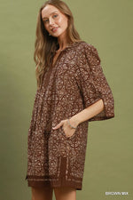 Umgee Mix Geometric Print V-Neck Tassel Detail Tunic Dress