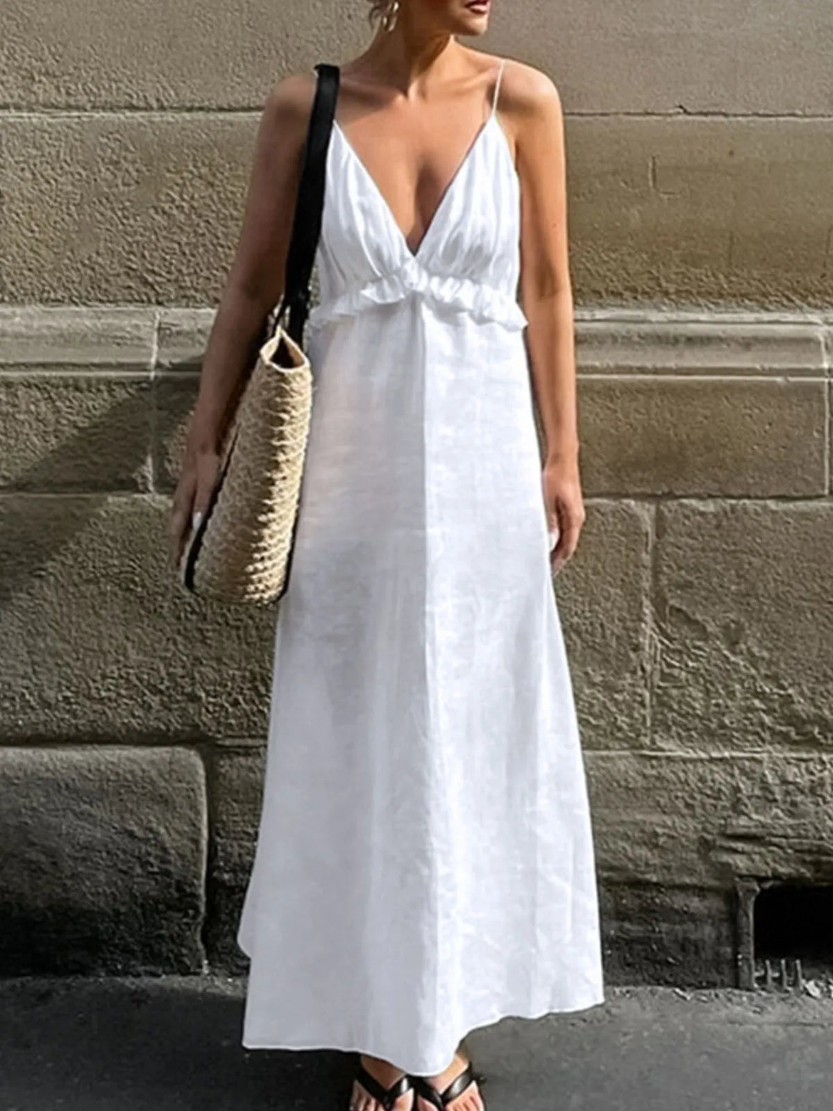 Ruffled V-Neck Maxi Dress - Ladyez