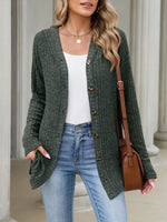 Ribbed Knit Hooded Button-Down Cardigan
